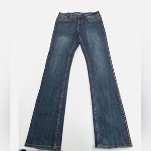 Cowgirl Tuff Western Edge Dark Blue Jeans Womens size 30 X 35 Brown Stitching